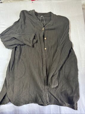 Men's Olive Green Casual Button-Down Gauze Shirt/0054